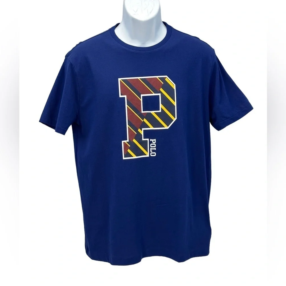 Polo Ralph Lauren Short Sleeve Crew Neck P Letter Graphic Logo T-Shirt- Blue - M